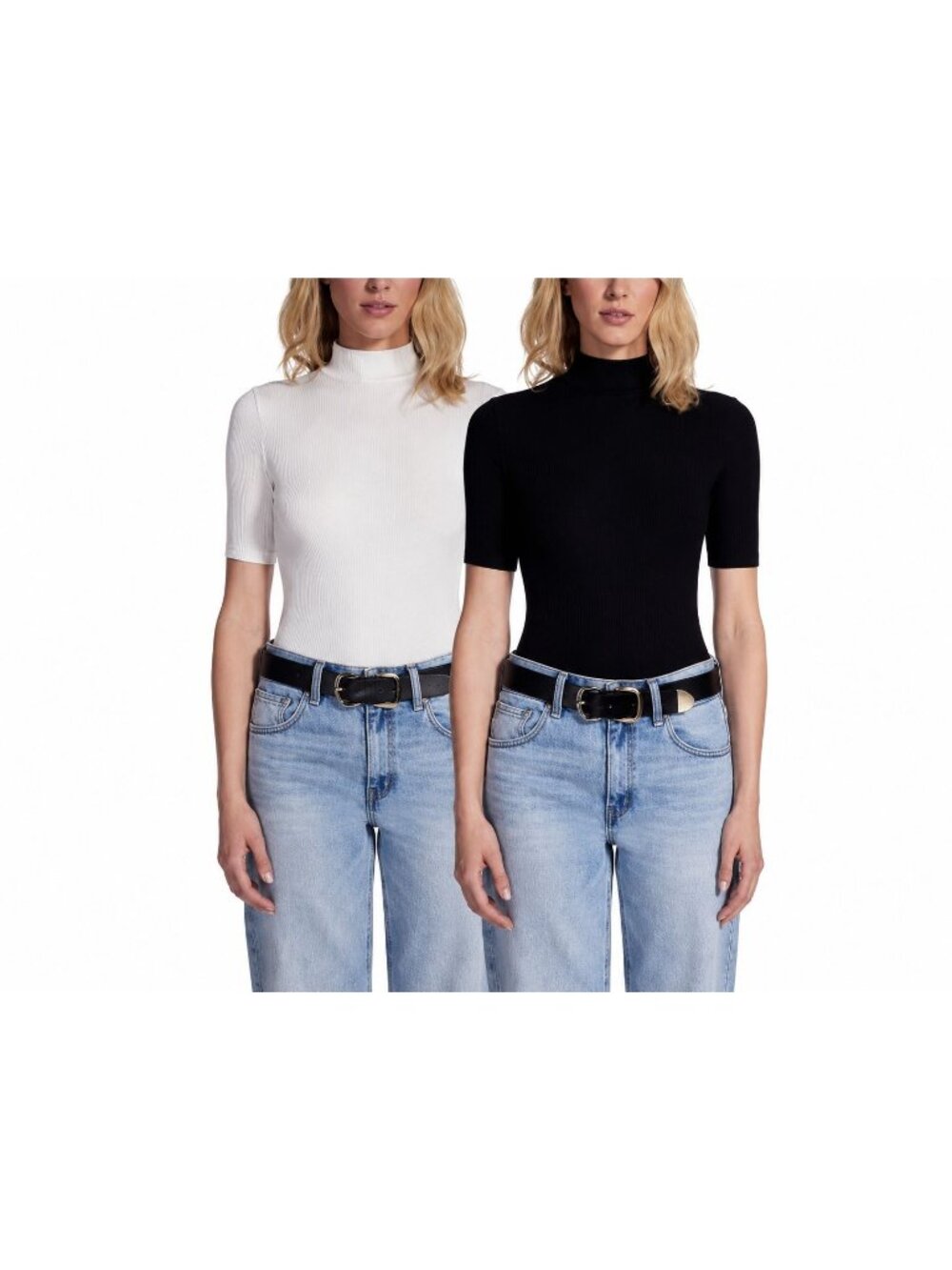 Steve Madden 2-Pack Ribbed Mock Neck Bodysuit Soft Stretch Knit Black & Cream Sn